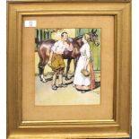 After Alfred J Munnings, Couple and horse before a stable, chromolithograph, 26 x 21cm