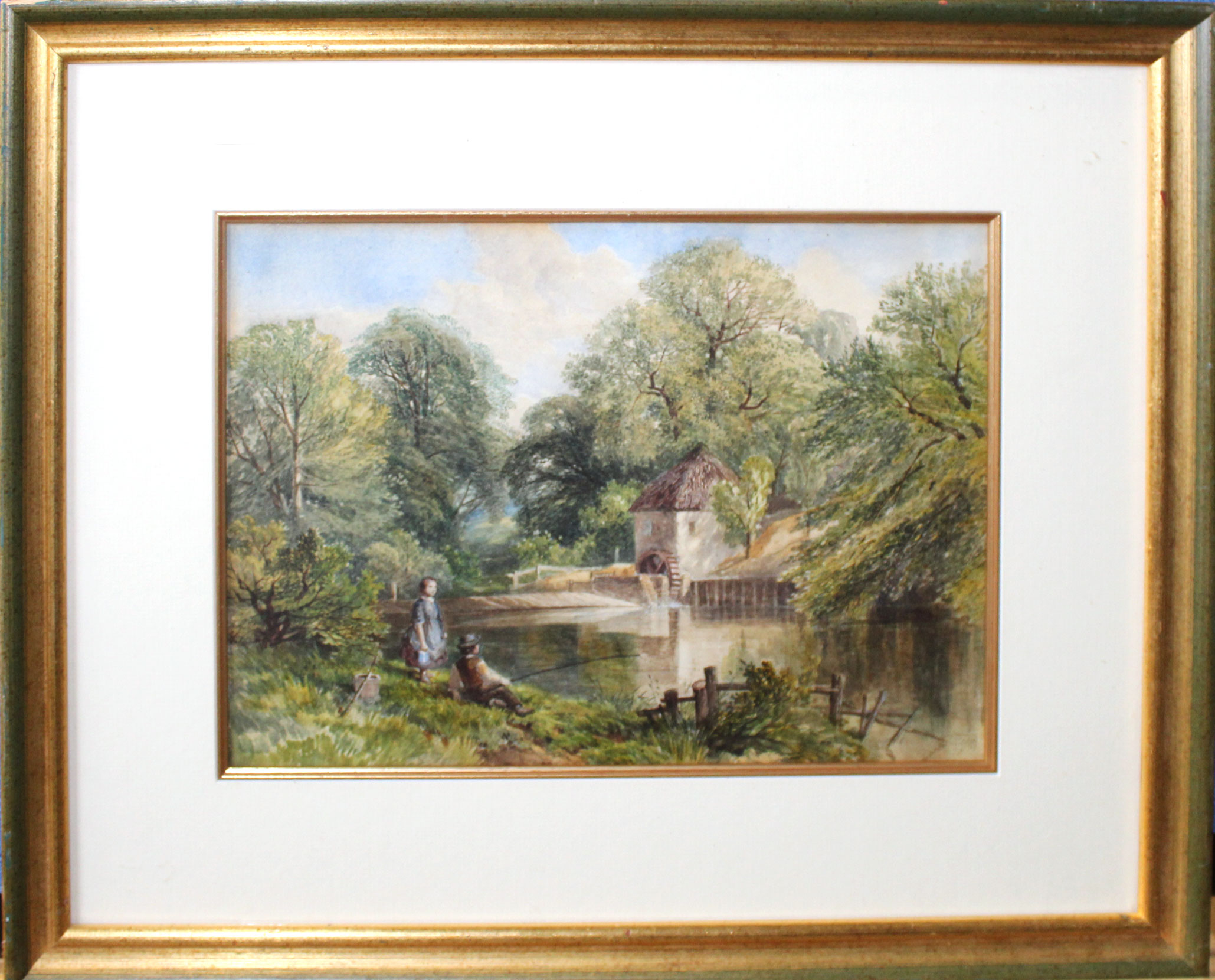 Edmund Morrison Wimperis (1835-1900), Children fishing by a mill, watercolour, initialled lower