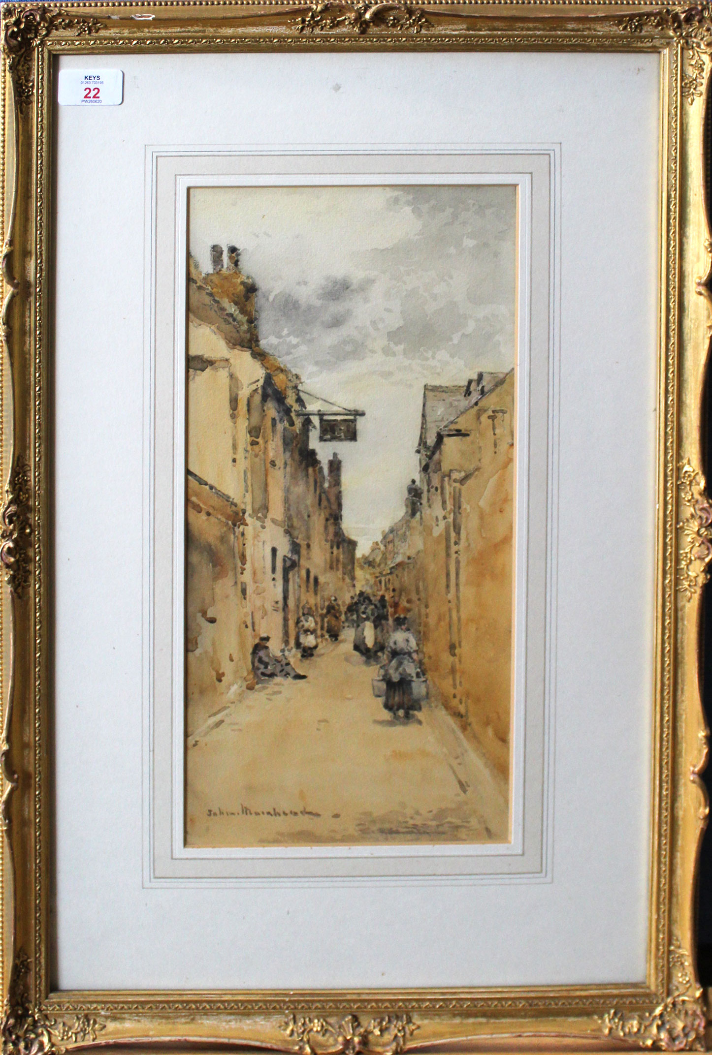 John Muirhead, signed watercolour, "Brittany street scene", 39 x 19cms, Provenance: Aldridge Bros,