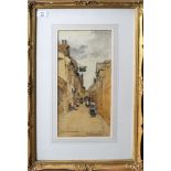 John Muirhead, signed watercolour, "Brittany street scene", 39 x 19cms, Provenance: Aldridge Bros,