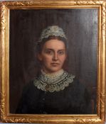 English School (19th century), Portrait of a lady wearing lace bonnet and collar, oil on board, 60 x