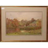 Cyril Ward (1863-1935), River landscape with cottages and figures, watercolour, signed and dated