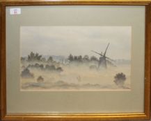 Peter Bearman (20th century), Misty Norfolk landscape with mill, watercolour, signed lower left,