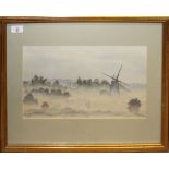 Peter Bearman (20th century), Misty Norfolk landscape with mill, watercolour, signed lower left,