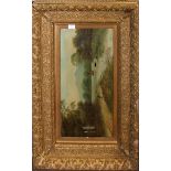 Victorian gilt gesso picture frame, currently containing a damaged oil, rebate size 30 x 60cm