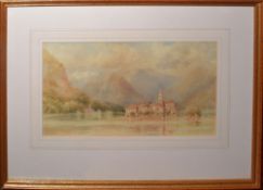 Continental School (19th century), Continental mountain landscape with town, watercolour, 19 x 32cm