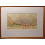 Continental School (19th century), Continental mountain landscape with town, watercolour, 19 x 32cm