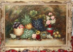 E Chester (19th/20th century), Still Life study of mixed fruit and flowers on a mossy bank, oil on