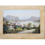 Continental School (19th century), Alpine lakeland scene with town, oil on card, 29 x 44cm,