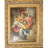 Donald Brooke (20th century), Still Life study of mixed flowers in a pewter tankard, oil on board,
