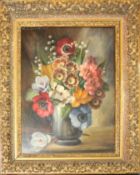 Donald Brooke (20th century), Still Life study of mixed flowers in a pewter tankard, oil on board,