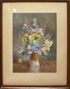 Edith A Andrews (19th/20th century), Still Life study of mixed flowers in stoneware jug,