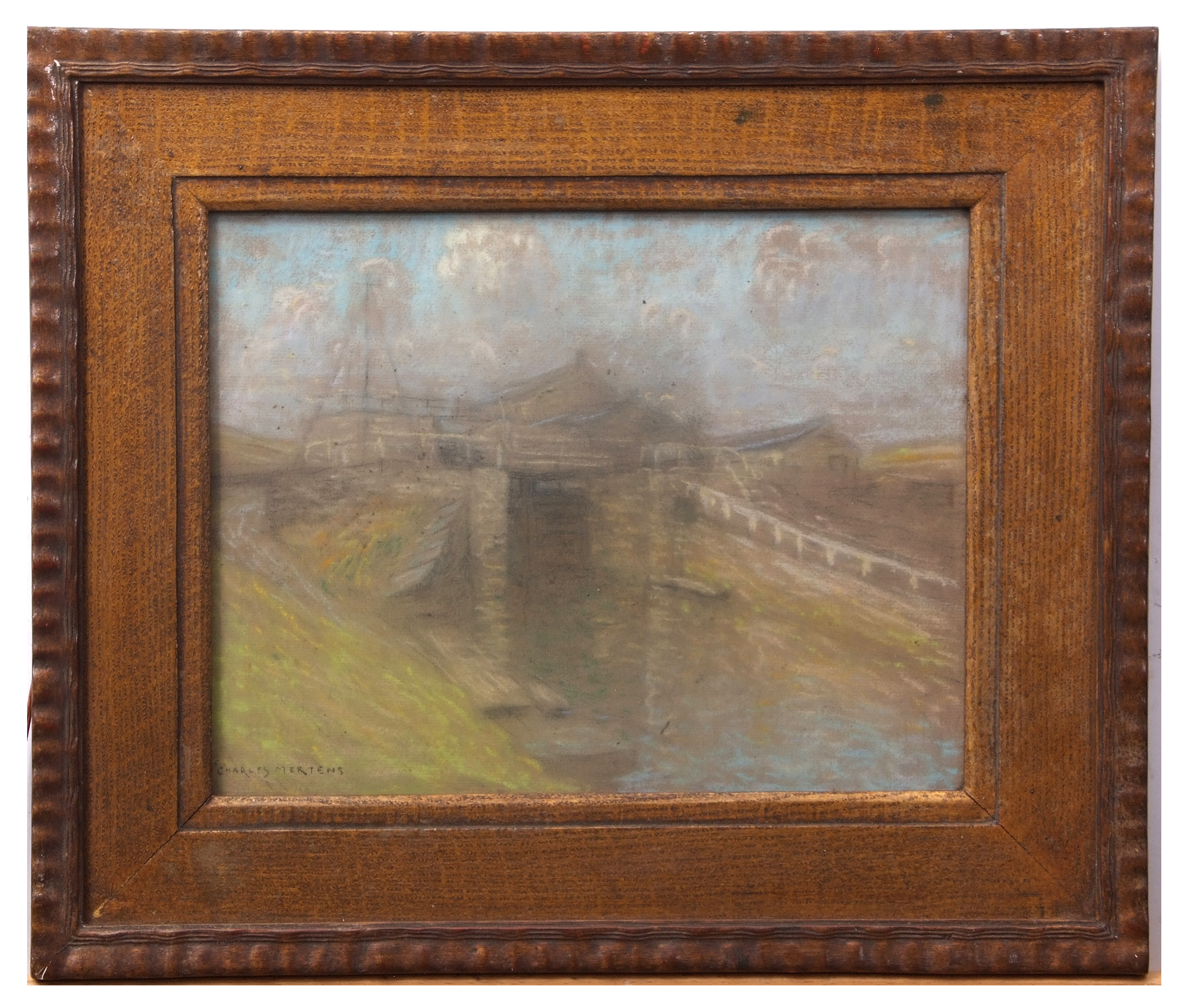 Charles Mertens (1865-1919) River and bridge pastel, signed lower left 23 x 30cm