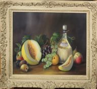 Hilda Frances Borton (20th century), Still Life study of fruit and bottle, oil on canvas, signed and