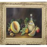 Hilda Frances Borton (20th century), Still Life study of fruit and bottle, oil on canvas, signed and