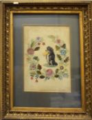 Victorian watercolour and collage depicting a dog holding a letter in its mouth which reads "