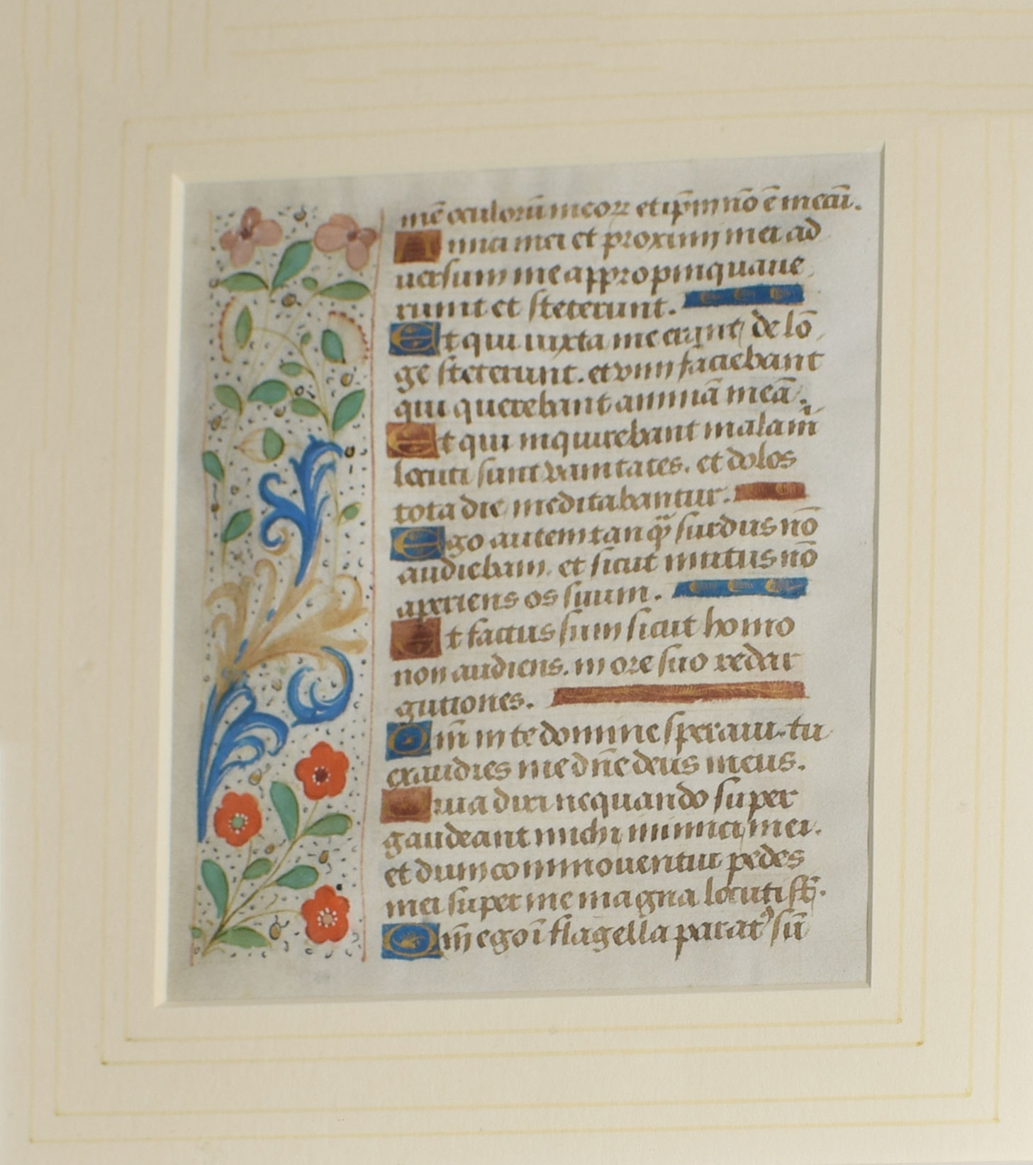 Fine illuminated manuscript page on vellum, from a 15th century Book of Hours, elaborate panel