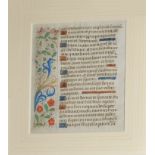 Fine illuminated manuscript page on vellum, from a 15th century Book of Hours, elaborate panel