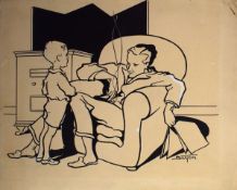 E F S Buxton (20th century), Seated father with child, illustration, signed lower right, 25 x