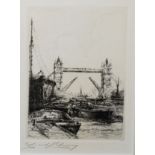 Edward Cherry (20th century), Tower Bridge, black and white etching, signed in pencil to lower