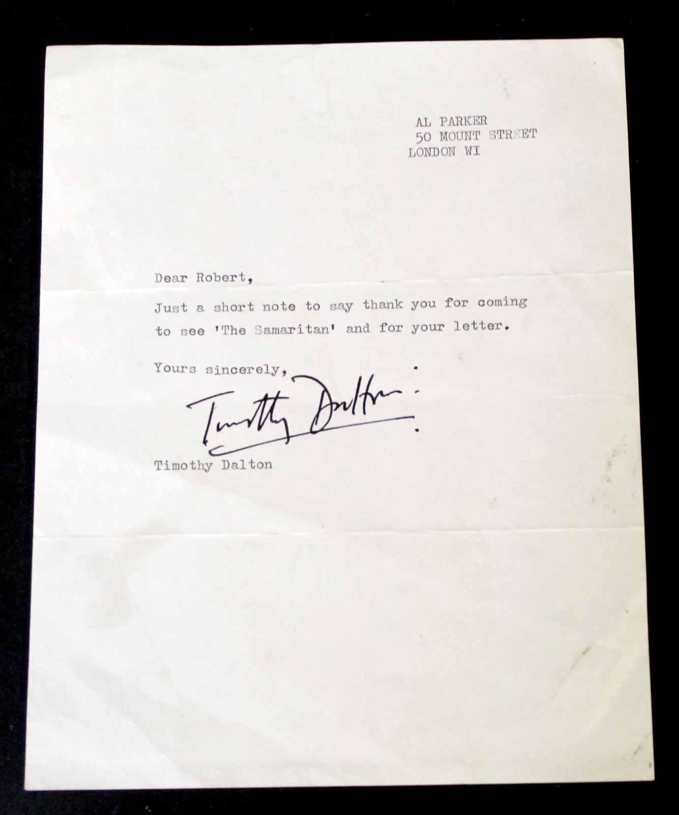 Letter to Al Parker, 50 Mount St, London W1 signed by Timothy Dalton, circa 1975