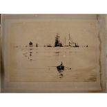 After William Lionel Wyllie, Shipping scene, black and white etching, 33 x 43cm, unframed