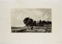 Sir Frank Short, RA (1857-1945), "Cottage with harvesters", black and white mezzotint, signed in