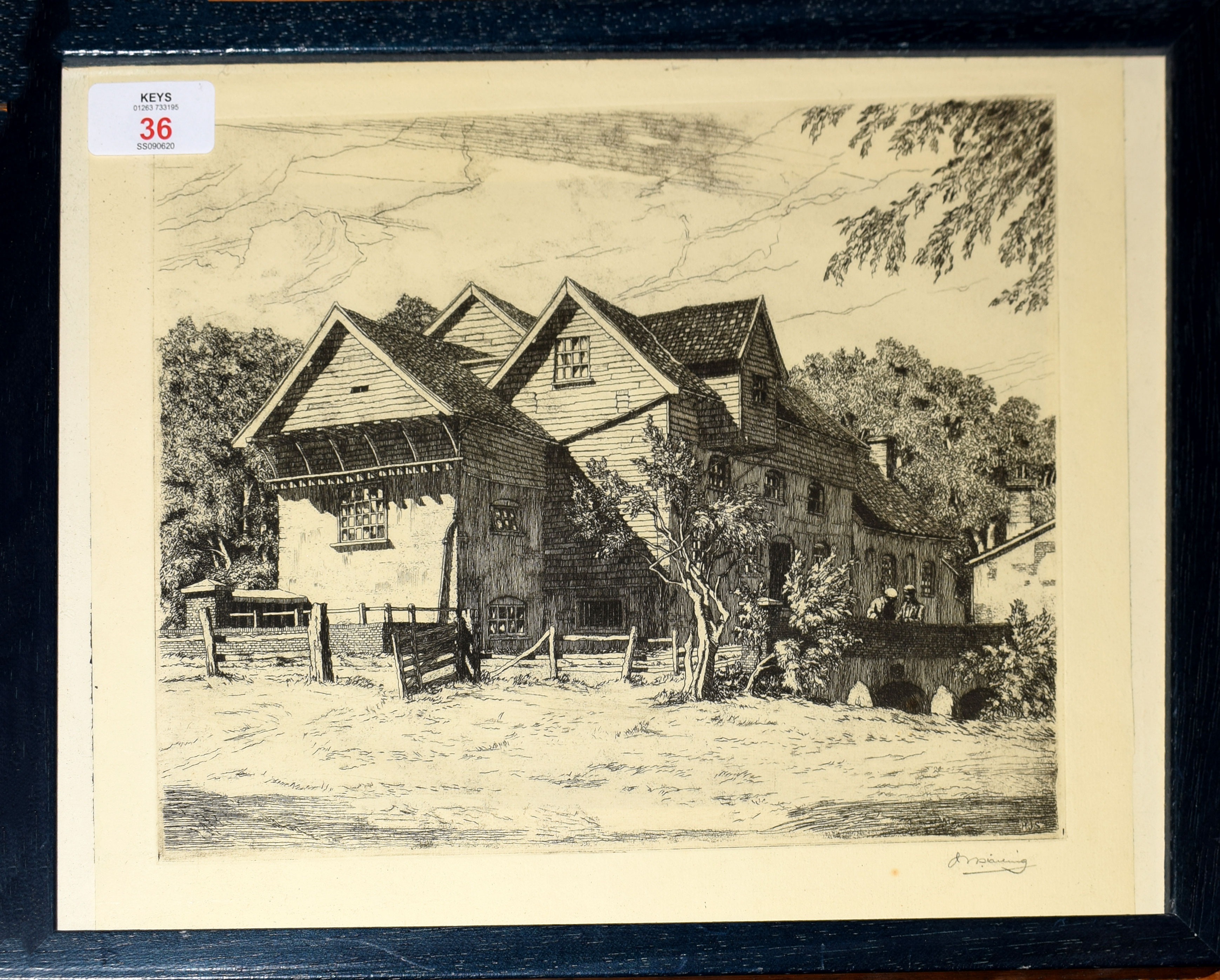 Henry James Starling, ARE, (1895-1996), "Marlingford Mill, Norfolk", black and white etching, signed