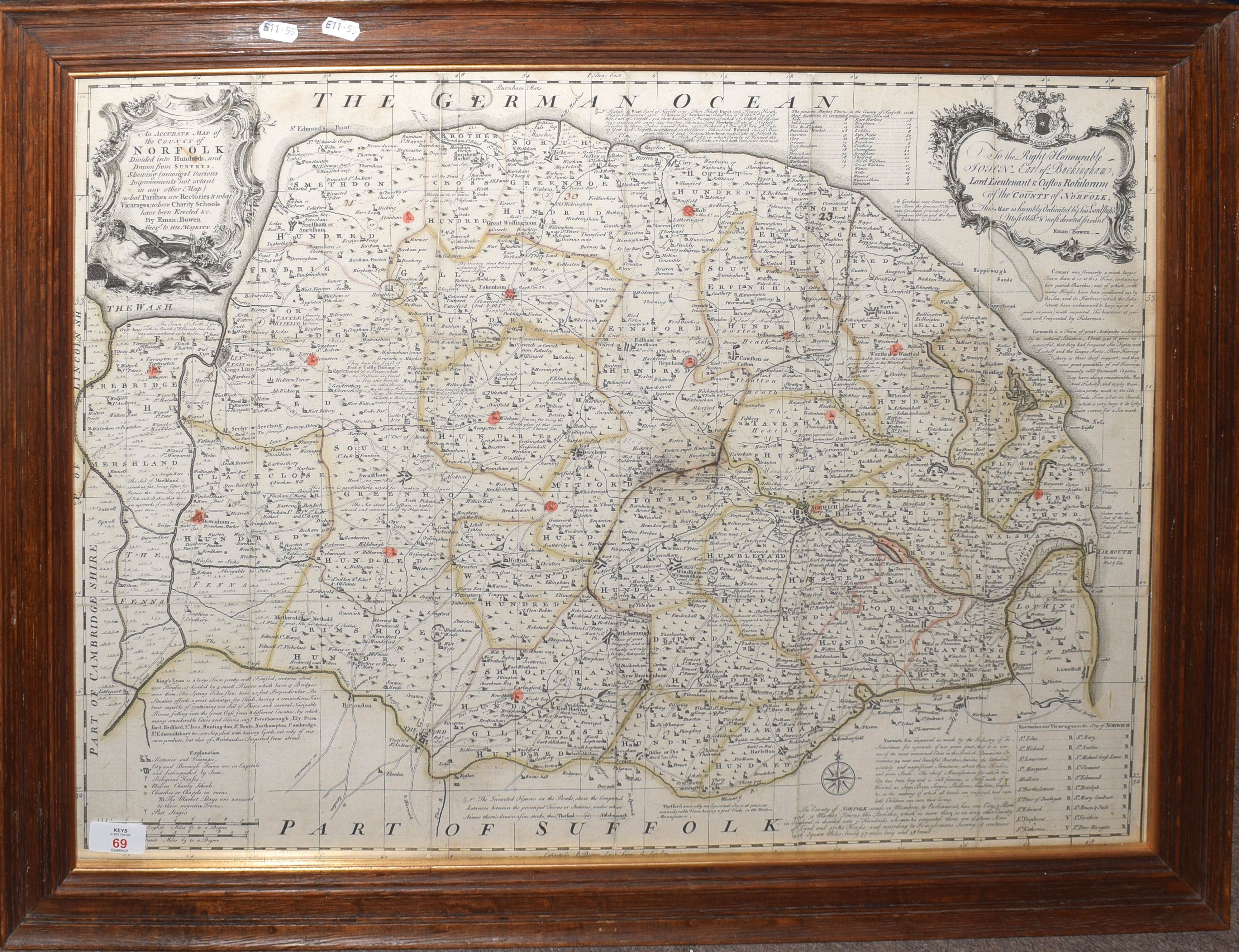 Emanuel Bowen - an accurate map of the County of Norfolk, hand coloured and engraved map, 53 x 72cm