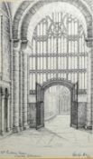 George A Raby (20th century), "16th century screen, Norwich Cathedral", pen and ink drawing,