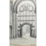 George A Raby (20th century), "16th century screen, Norwich Cathedral", pen and ink drawing,