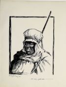 E R Blair (20th century), Portrait of a Middle Eastern soldier, pen and ink drawing, signed and