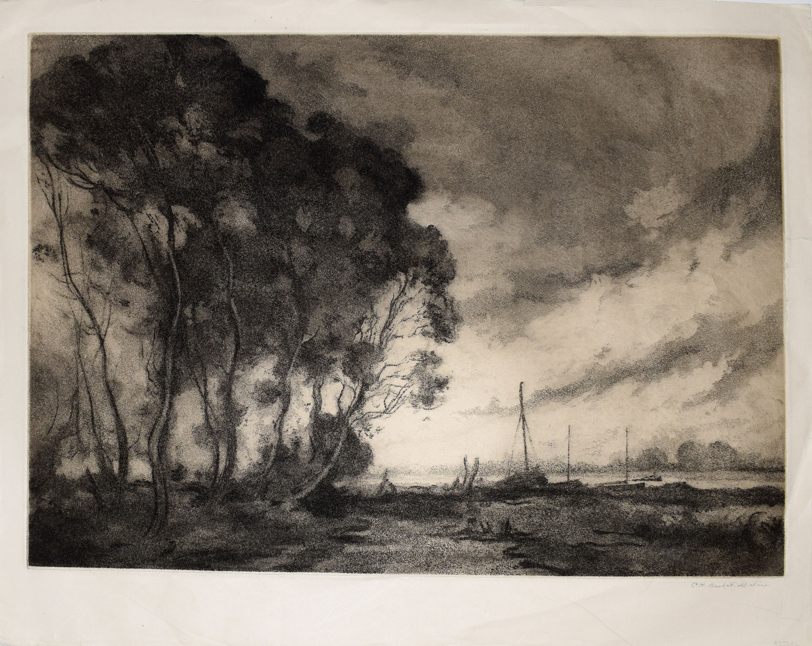 Charles Henry Baskett (1872-1953), "The Dawn Wind", etching and aquatint, signed in pencil to