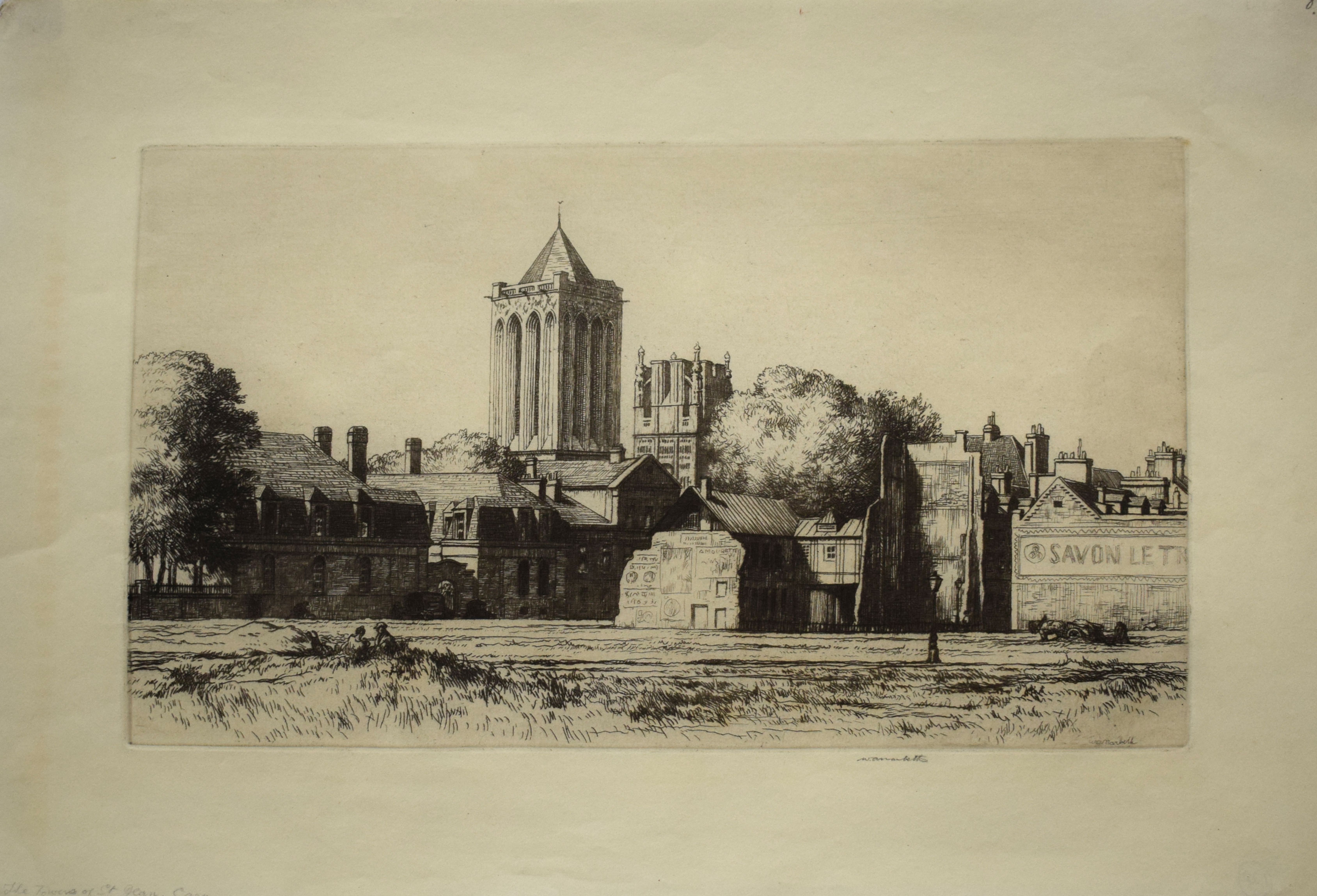 W A Norbeth (20th century), "The Towers of St Dean, Caen", black and white etching, signed in pencil