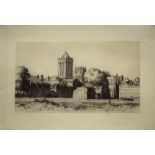 W A Norbeth (20th century), "The Towers of St Dean, Caen", black and white etching, signed in pencil