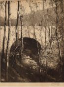 Alfred Hartley (1855-1933) River scene with figures on a bridge, black and white etching, signed