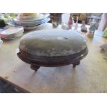 SMALL MAHOGANY OVAL BASED UPHOLSTERED FOOT STOOL, LENGTH APPROX 30CM