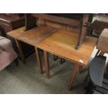 TWO SMALL SQUARE STAINED PINE TABLES, EACH APPROX 62CM