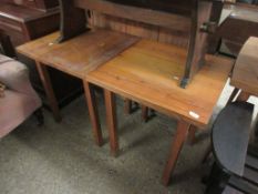 TWO SMALL SQUARE STAINED PINE TABLES, EACH APPROX 62CM