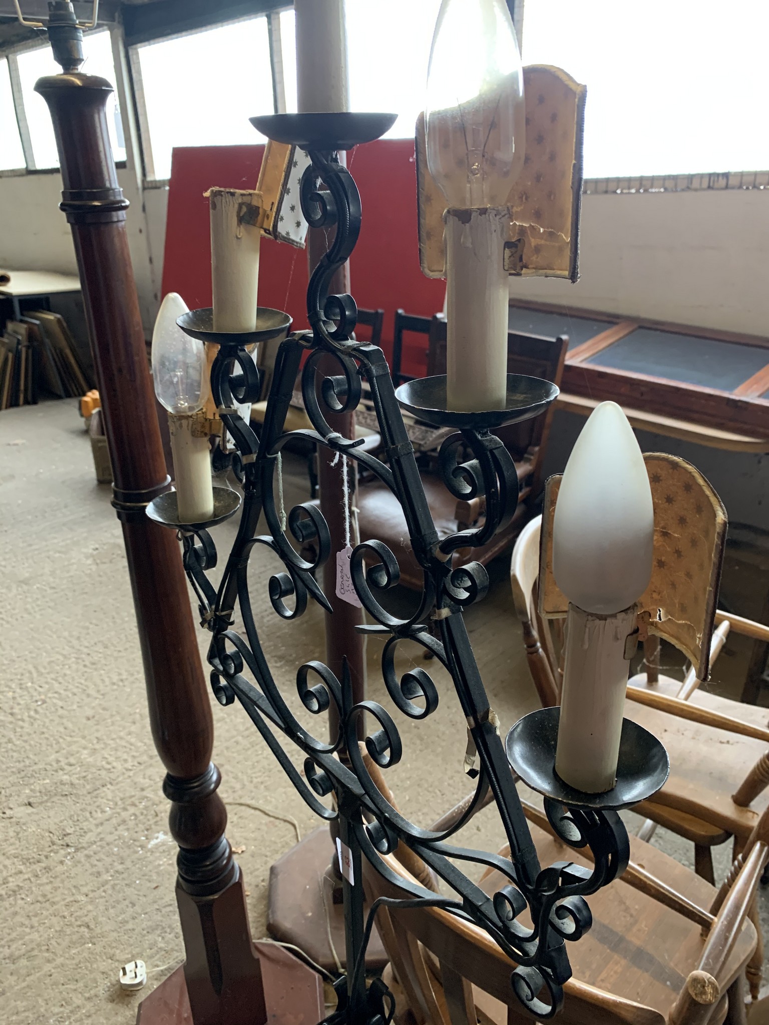 WROUGHT IRON LAMP STAND RAISED ON TRIPOD LEGS WITH FIVE CANDLEHOLDERS, HEIGHT APPROX 56CM - Image 2 of 5