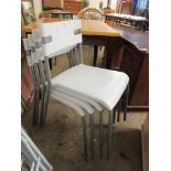 SET OF FOUR METAL FRAMED STACKING PLASTIC CHAIRS, EACH APPROX 77CM
