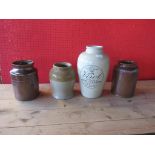 FOUR VARIOUS SALT GLAZED JARS INCLUDING PRINTED VIROL BONE MARROW “AN IDEAL FAT FOOT FOR CHILDREN