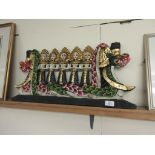 PAINTED HAND CARVED RELIEF DEPICTING DANCING MAIDENS IN A DRAGON BOAT, LENGTH APPROX 66CM