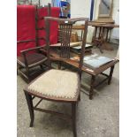DELICATE UPHOLSTERED EDWARDIAN BEDROOM CHAIR WITH STRINGING AND INLAY DECORATION, HEIGHT APPROX 88CM