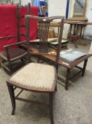 DELICATE UPHOLSTERED EDWARDIAN BEDROOM CHAIR WITH STRINGING AND INLAY DECORATION, HEIGHT APPROX 88CM