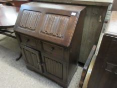 MID-20TH CENTURY FALL FRONT BUREAU WITH LINEN-FOLD CARVED DECORATION, APPROX 76CM