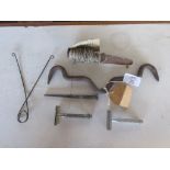 QUANTITY OF VARIOUS DOMESTIC BYGONES INCLUDING CHALK LINE AND PIN 19TH CENTURY BUTCHERS HOOK ETC