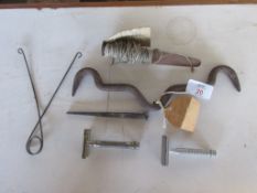 QUANTITY OF VARIOUS DOMESTIC BYGONES INCLUDING CHALK LINE AND PIN 19TH CENTURY BUTCHERS HOOK ETC