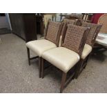 SET OF FOUR OAK FRAMED CREAM UPHOLSTERED DINING CHAIRS