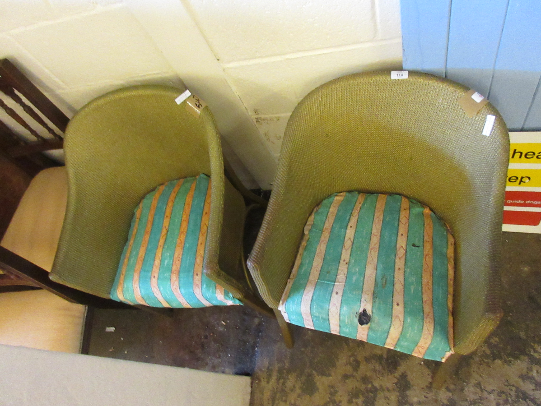 TWO WICKER LLOYD LOOM TYPE CHAIRS WITH STRIPED UPHOLSTERED SEATS - Image 2 of 2